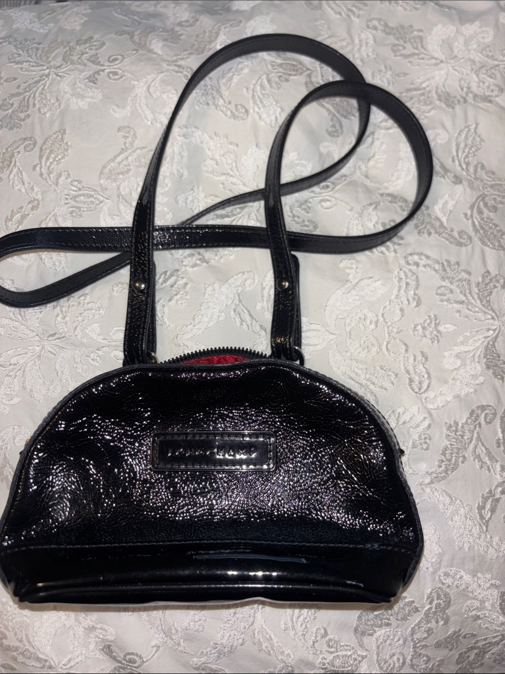 Longchamp Black Patent Crossbody Bag with Red Interior